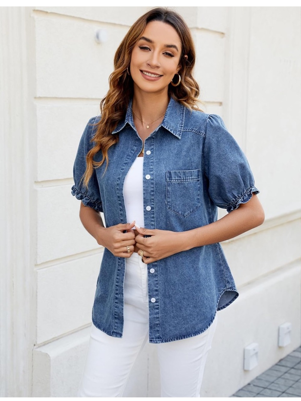 BMJL Denim Button Down  Shirt with Puff Sleeve X-Large